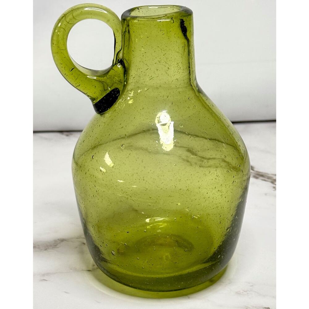 Vintage Retro Avocado Green Hand Blown Glass Moonshine Jug 5.5 Inches Tall MCM